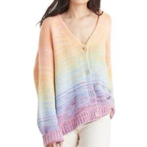 Black Tape| Fun Pastel Gradient Thick Knit Cardigan Clear Button Sweater Sz XL